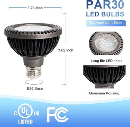 2 Pack PAR30 LED Outdoor Flood Light Bulb, Aluminum 12W Exterior LED Light Bulbs E26 Base, Dimmable 3000K Warm White 40°, 75 Watt Equivalent, UL