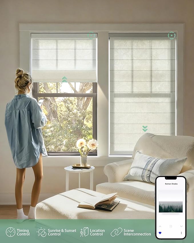 Yoolax Motorized Roman Shades with Remote, Smart Roman Shades for Windows, Semi Sheer Automatic Blinds Work with Alexa, Google, Apple Homekit for Living Room, Dining Room, Customized (Starry White)