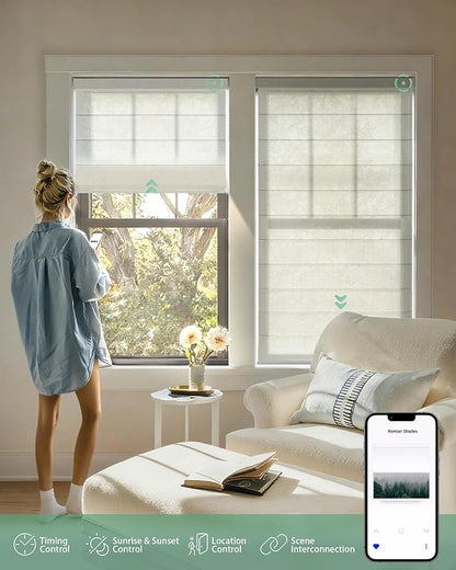 Yoolax Motorized Roman Shades with Remote, Smart Roman Shades for Windows, Semi Sheer Automatic Blinds Work with Alexa, Google, Apple Homekit for Living Room, Dining Room, Customized (Starry White)