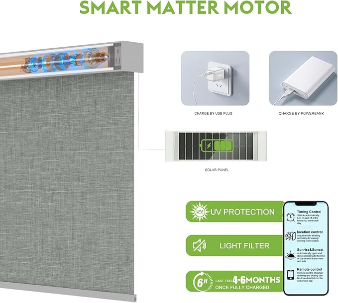 Motorized Blinds with Remote，100% Blackout Smart Blinds Motorized Roller Shades Compatible with Alexa Automatic Blinds for Windows Electric Window Blinds Customized Size Light Gray Mist