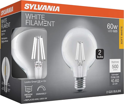 Sylvania G25 Clear Globe LED White Filament Bulb, 5W, Dimmable, 500 LMS, Medium Base, 2700K, Soft White - 2 Pack (42176)