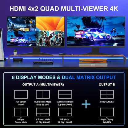 4K HDMI Multiviewer Switch 4x2 with PIP, PORTTA Quad Multi Viewer Seamless Switcher 4 in 2 Out with Toslink, 3.5mm Audio Output Support 4K 30Hz, 6 Viewing Modes, Downscaler for PS4/PC/DVD