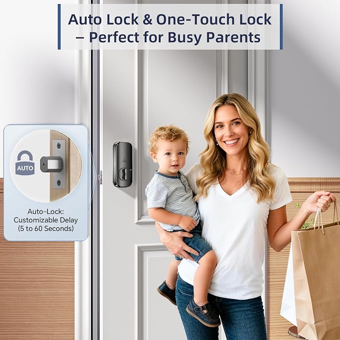Ulecoce DL08 Fingerprint Smart deadbolt with with App Control, Satin Nickel | 5‑in‑1 Smart Deadbolt with Remote Control, Auto‑Lock, Touchscreen Keypad, 5 Keys & 2 Fobs, USB‑C Port, ANSI Grade 3 Security