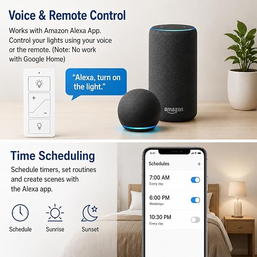 Nexete Smart Wireless Light Switch, Dimmer Switch & Receiver Kit No Wiring Wireless Remote Control,Remote & Voice Control,Bluetooth Work with Amazon Alexa Only, ETL Certified (1 Switch & 1 Receiver)