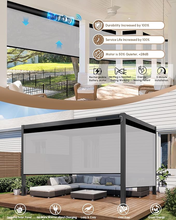 Kincmo Motorized Outdoor Shades for Patio Porch, Custom Outdoor Motorized Blinds with Remote, Waterproof & Windproof Patio Shades Work with Apple Homekit,Alexa,Google (1% Openness White Grey)