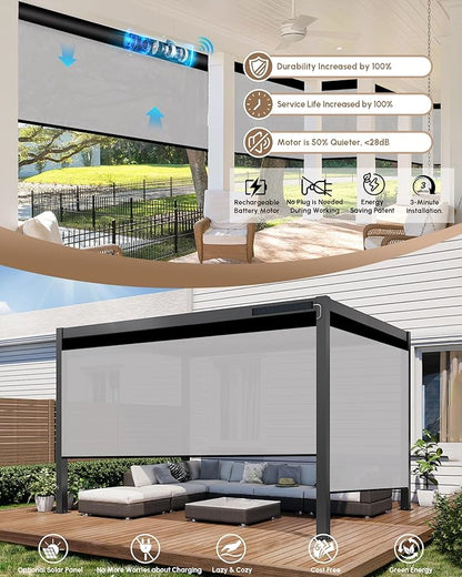 Kincmo Motorized Outdoor Shades for Patio Porch, Custom Outdoor Motorized Blinds with Remote, Waterproof & Windproof Patio Shades Work with Apple Homekit,Alexa,Google (1% Openness White Grey)
