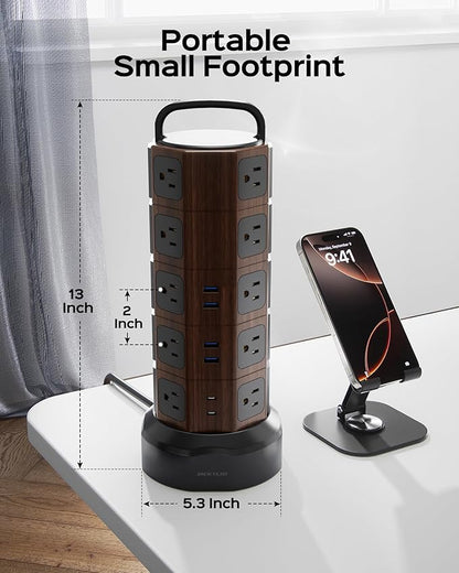 Power Strip Tower Surge Protector 1050J, 20 AC Outlets 6 USB Ports, 13A Desktop Electrical Charging Station, 6.5ft Heavy Duty Extension Cord, for Home, Office, Garage, Black Walnut