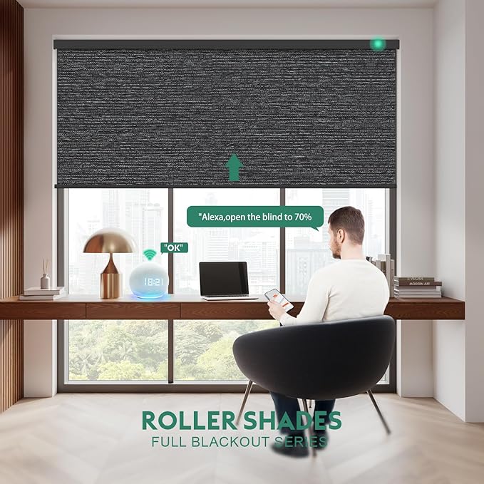 Motorized Blinds with Remote [100% Blackout & Silent Motor] Smart Blinds Compatible with Alexa Google HomeKit, Electric Roller Shades for Indoor Windows, Customized Size, Vail Black
