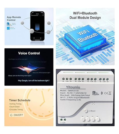 EWeLink 4-Channel Smart WiFi Relay Switch Module, AC7-32V, APP Remote Control, Bluetooth RFRemote Control, Point/Self-Locking/Interlocking, Compatible with Alexa Google Home