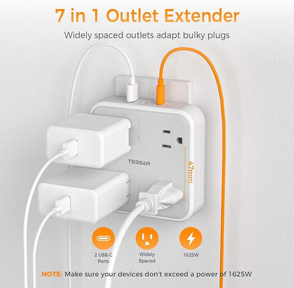 TESSAN Multi Plug Outlet Extender 4 Outlet Splitter | 3 USB Wall Charging Ports (2 USB C), Wide Spaced Multiple Expander Surge Protector for Office, Home, College Dorm Room, Gray