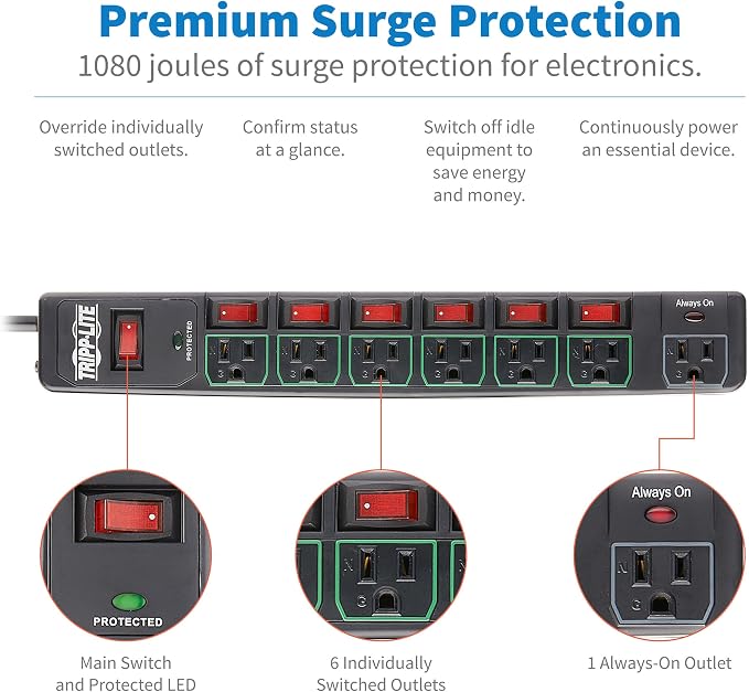 Tripp Lite 7 Outlet (6 Individually Controlled) Surge Protector Power Strip, 6ft Cord, Black, Lifetime Limited Warranty & 25K Insurance (TLP76MSGB)