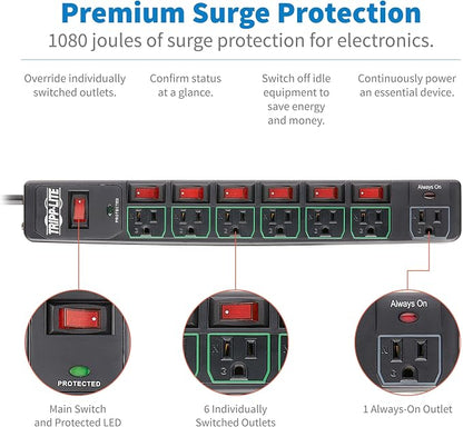 Tripp Lite 7 Outlet (6 Individually Controlled) Surge Protector Power Strip, 6ft Cord, Black, Lifetime Limited Warranty & 25K Insurance (TLP76MSGB)