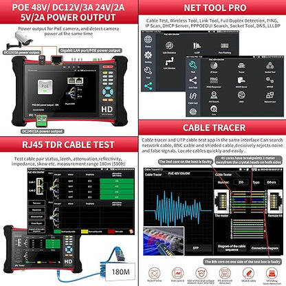 Rsrteng X7-ADHS CCTV Camera Tester 8K 32MP IP Camera Test 7-inch IPS Touch Screen Monitor CCTV Tester with HD TVI/CVI/AHD/SDI/CVBS/Support POE WiFi HD 8GB TF Card