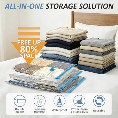 Vacuum Storage Bags with Hand Pump, Vacuum Seal Space Saver Bags,12 Small | 80% Space-Saving Bags for Clothes & Travel Essentials; Double-Zip Airtight Seal; For Luggage, Home & Travel Storage