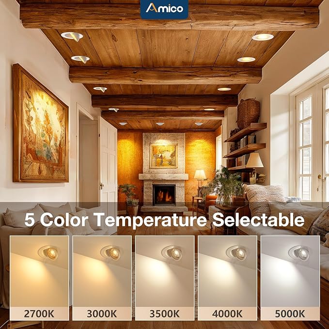 Amico 24 Pack 4 Inch 5CCT Gimbal LED Recessed Lighting, 360°&90° Adjustable Eyeball Directional Downlight, Dimmable, 2700K/3000K/3500K/4000K/5000K Selectable, CRI90+ 9W 700LM, ETL&FCC