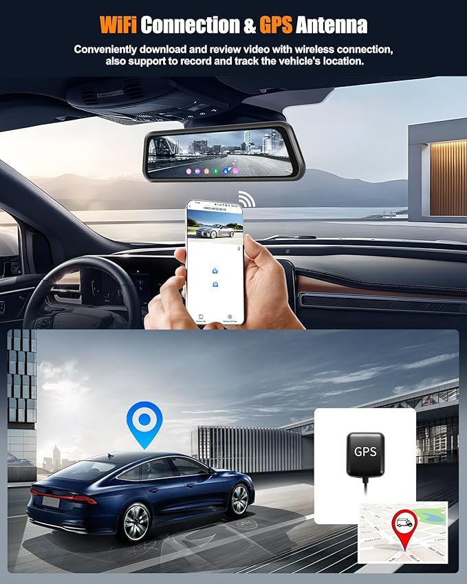 CAMECHO 4K Mirror Dash Cam with BSD, Smart Rear View Mirror Camera with WiFi, 9.66 inches Full Touch Screen, Dash Camera for Cars, GPS, HDR Night Vision, G-Sensor, Loop Recording