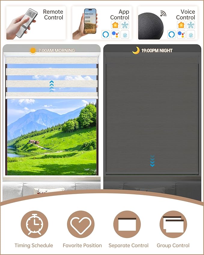 Kincmo Motorized Blinds with Remote, Motorized Zebra Shades Work with Apple Homekit,Alexa,Google Home, Customized Electric Blinds with Remote,App,Voice Control (60% Blackout Monet Beige)