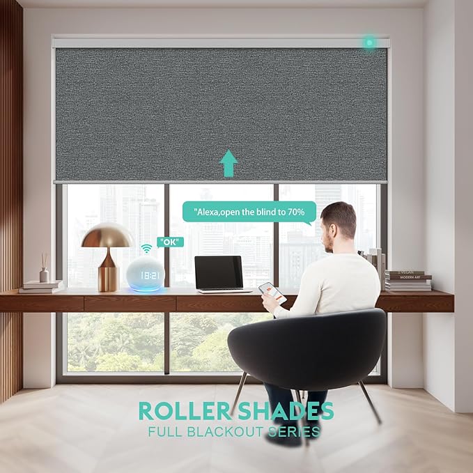 Motorized Blinds with Remote, Blackout Smart Automatic Electric Blinds for Windows Compatible with Alexa Homekit, Cordless Indoor Motorized Roller Shades with Custom Size（Black Linen）