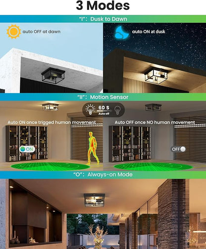 Outdoor Ceiling Light with Motion Sensor 12'', Flush Mount Porch Light, Exterior Light Fixture with Clear Glass, Dusk to Dawn 2-Light Fixture for Patio,Porch