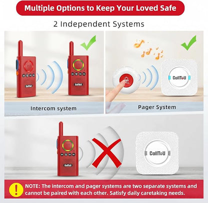 CallToU Caregiver Pager Wireless Alert Button Home Wireless Intercom System | Easy Use, Red Walkie Talkies for Seniors Long Range Room Intercoms 2 Way Radio for Elderly/Patient/Adults/Home/Office