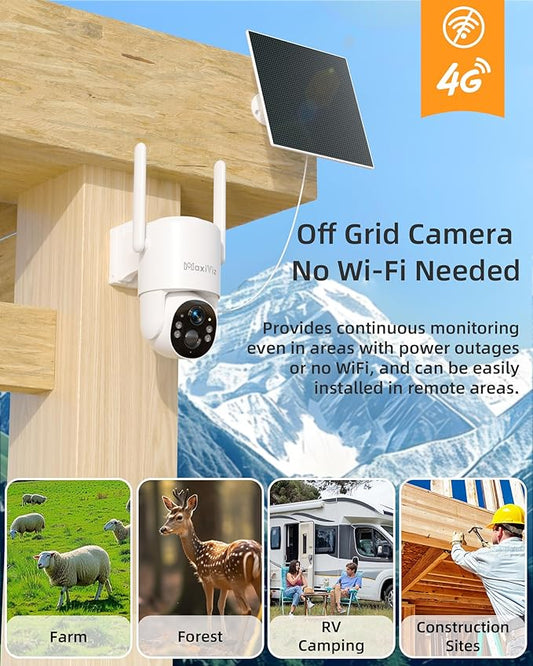 MaxiViz 4G LTE Outdoor Solar Powered Cellular Security Camera Wireless, Off-Grid Camera No WiFi Required, 2.5K UHD Color Night Vision, 360° Live View, Local/Cloud Storage, IP66 Weatherproof, SIM Card