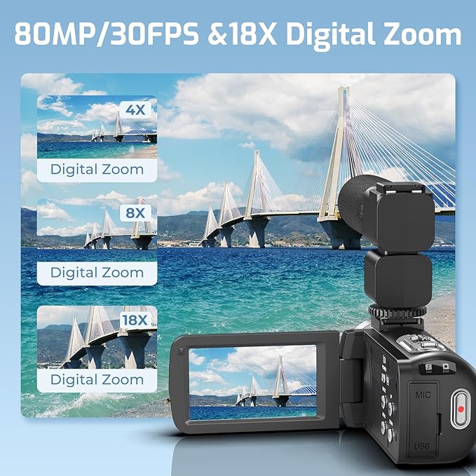 Camcorder Video Camera 4K 80MP Ultra HD Vlogging Camera for YouTube 18X Digital Zoom IR Night Vision 3.0" IPS Screen Video Recorder With Handheld Stabilizer, Microphone, 32G SD Card and Remote Control