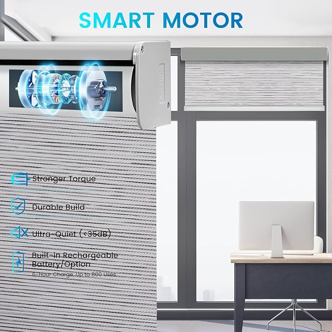 Motorized 100% Blackout Roller Shades – Custom Smart Blinds with Remote Control, Rechargeable Battery or Plug-in Motor, Tuya WiFi Optional, Home & Office Automatic Window Shades (Dove Gray/CH9426)