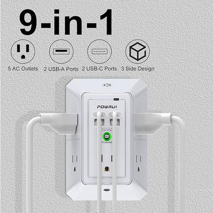 3-Sided Outlet Extender with Night Light - POWRUI Multi Plug Outlet with 5 Outlets and 4 USB Ports(2 USB-C), USB Wall Charger for Home, Office, Travel, ETL Listed, White