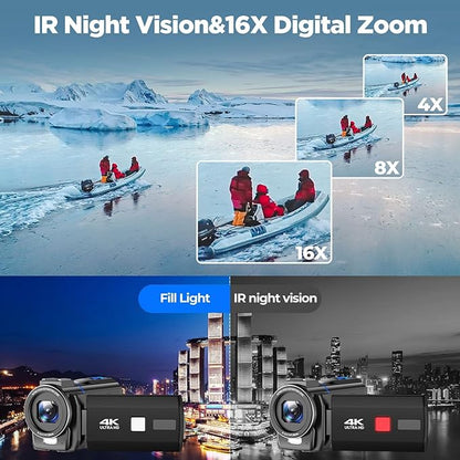 Video Camera Camcorder 4K 30fps 48MP with IR Night Vision, 16X Digital Zoom Cam Corder 3.0" 270° Rotation Touch Screen Video Recorder for YouTube with Remote Control, Battery, 32GB SD Card