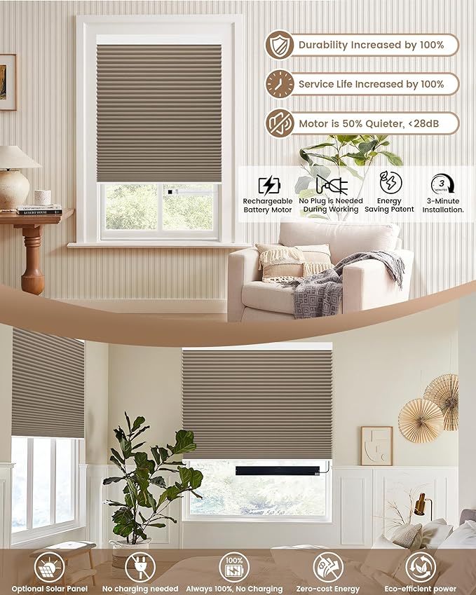 Kincmo Motorized Cellular Shades, Custom Motorized Blinds with Remote, Cordless Smart Electric Honeycomb Blinds Work with Apple HomeKit, Alexa, Google (100%-Blackout-Single-Cell Coffee)