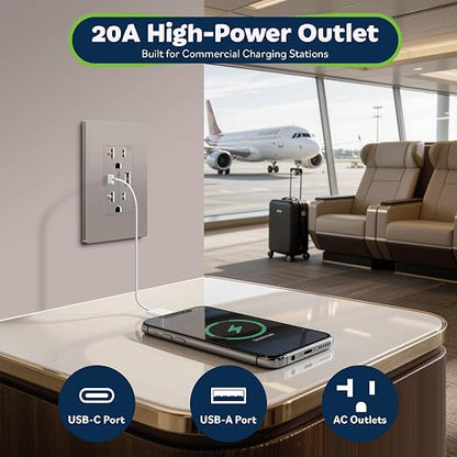 TOPGREENER 2-Port USB Outlet, 4.2A Type C USB Wall Outlet, Nickel, 1 Pack | UL Listed, 20 Amp TR Receptacle Plug, USB Receptacle, Charging Power Outlet with USB C & A Ports, Wall Plate Included