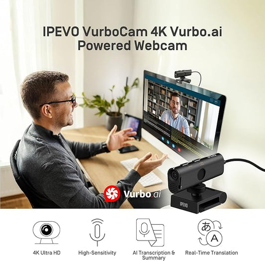 IPEVO VurboCam 4K Vurbo.ai-Powered Webcam, Ultra HD 13MP USB Camera for PC/Mac, AI Meeting Notes, Real-Time Translation, Noise Reduction Mic, Plug-and-Play for Zoom, Teams