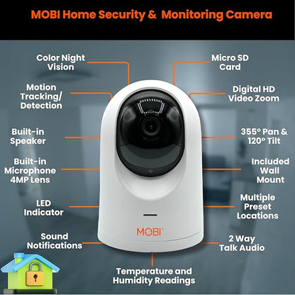 MobiCam PRO Home Monitoring Camera Single: Full HD, Pan & Tilt, Color Night Vision, Motion Tracking, Temp & Humidity Readings. Supports Cloud & SD Storage, Smart App Compatible