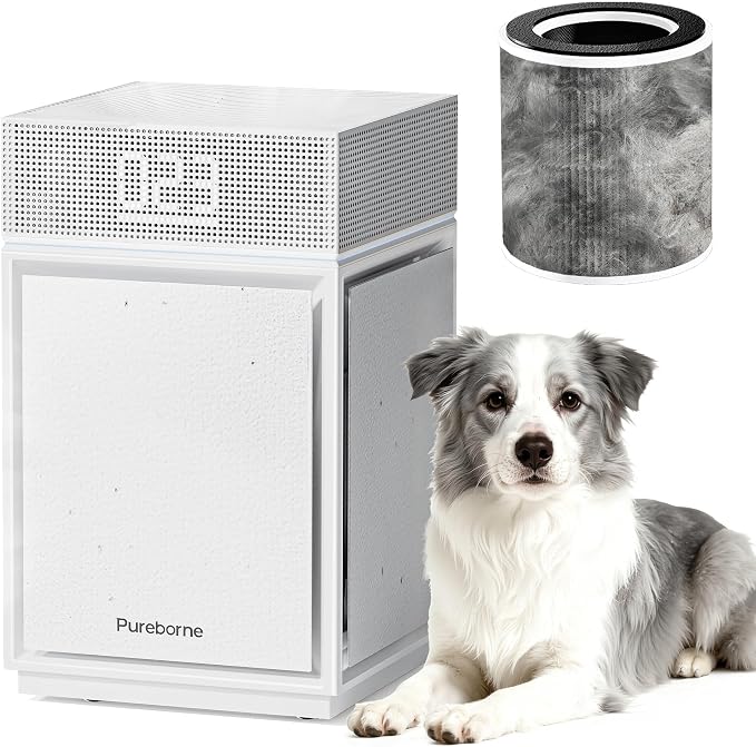 Air Purifiers for Smoke Up to 3600 Ft², Pureborne HEPA Air Purifiers for Home Large Room with PM 2.5 Sensor for Wildfire Smoke Odor Fur, Three-Sided Air Inlet, Auto Mode, Sleep Mode, White, 1 Pack