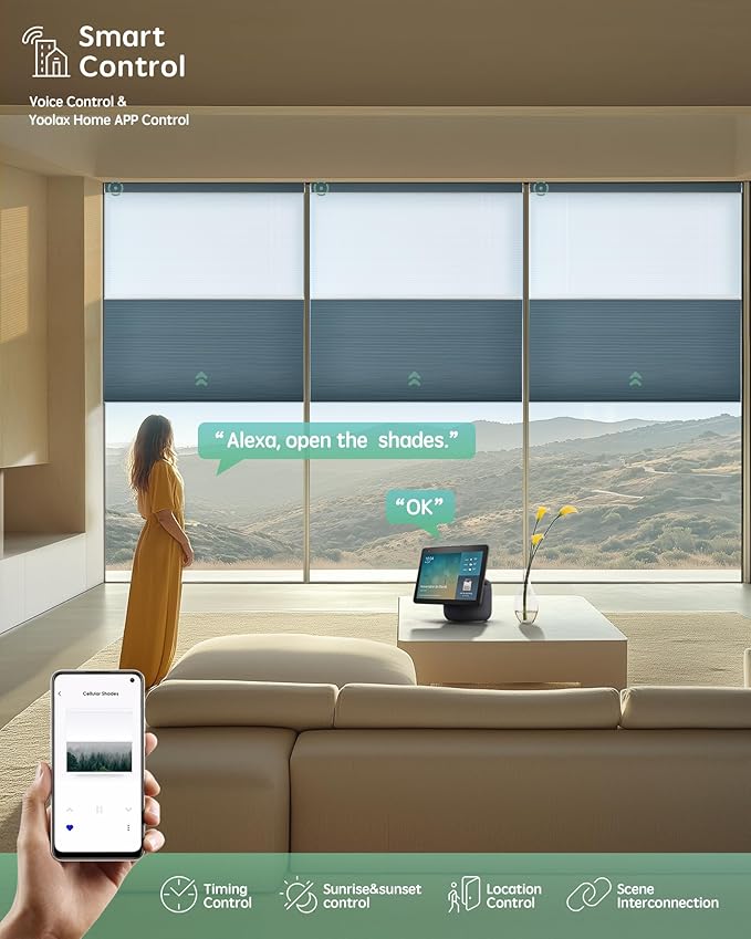 Yoolax Smart Motorized Day and Night Cellular Shades with Remote, Top Down Bottom Up Blinds Compatible with Alexa, Blackout and Light Filtering Honeycomb Blinds (Blue)