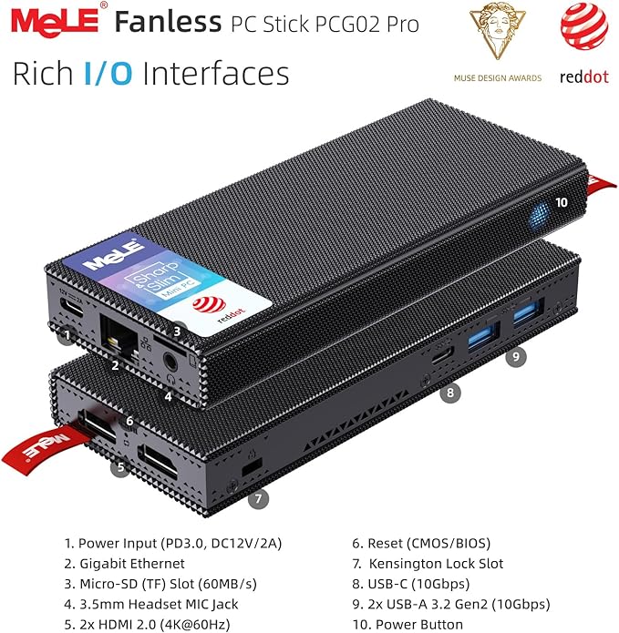 MeLE PCG02 Pro Fanless N100 Mini PC Stick 8GB LPDDR4x 256GB eMMC Win11pro Slim Micro Computer Stick Dual HDMI 4K Display WiFi 5 BT5.1 GbE, Support PD3.0 Protocol, on IoT, Digital Signage, MES, WMS
