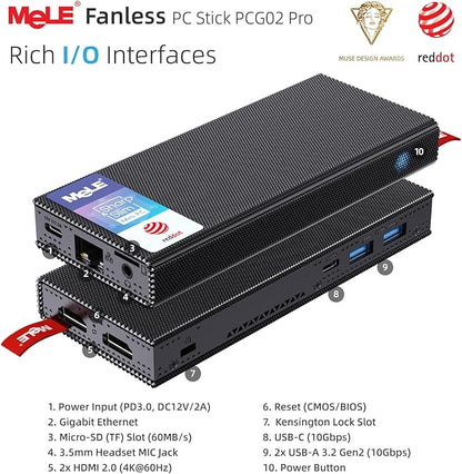MeLE PCG02 Pro Fanless N100 Mini PC Stick 8GB LPDDR4x 256GB eMMC Win11pro Slim Micro Computer Stick Dual HDMI 4K Display WiFi 5 BT5.1 GbE, Support PD3.0 Protocol, on IoT, Digital Signage, MES, WMS