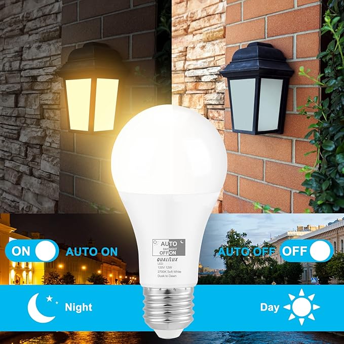 Qualilux Dusk to Dawn Light Bulbs, Auto On/Off Light Sensing LED Bulbs Outdoor, Soft White, A19 4-Pack, 12W 1000LM 75W Equivalent, HQ-H022