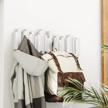 Umbra Sticks Wall Mount Coat Rack, 5 Hook Retractable Pegs, White | Mounting hardware included, sculptural modern design, entryway or bedroom use, recycled plastic