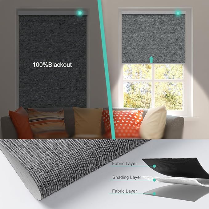 Motorized Blinds with Remote, Blackout Smart Automatic Electric Blinds for Windows Compatible with Alexa Homekit, Cordless Indoor Motorized Roller Shades with Custom Size（Black Linen）