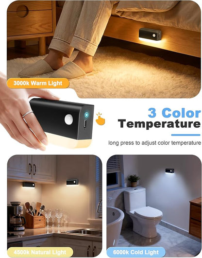 NIORSUN Motion Sensor Stair Lights Indoor, 6 Pack Rechargeable Wireless Step Lights with 3 Color Temperatures, 1200mAh Battery, Magnetic Base for Hallway, Closet, Bathroom, Black