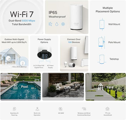 TP-Link Deco 7 BE25 BE5000 Dual-Band Wi-Fi 7 Mesh Extender – Up to 2,800 sq. ft., Dual 2.5G PoE+ Ports, IP65 Waterproof, MLO, Multiple Mounting Options, Secure by Design, 1-Pack