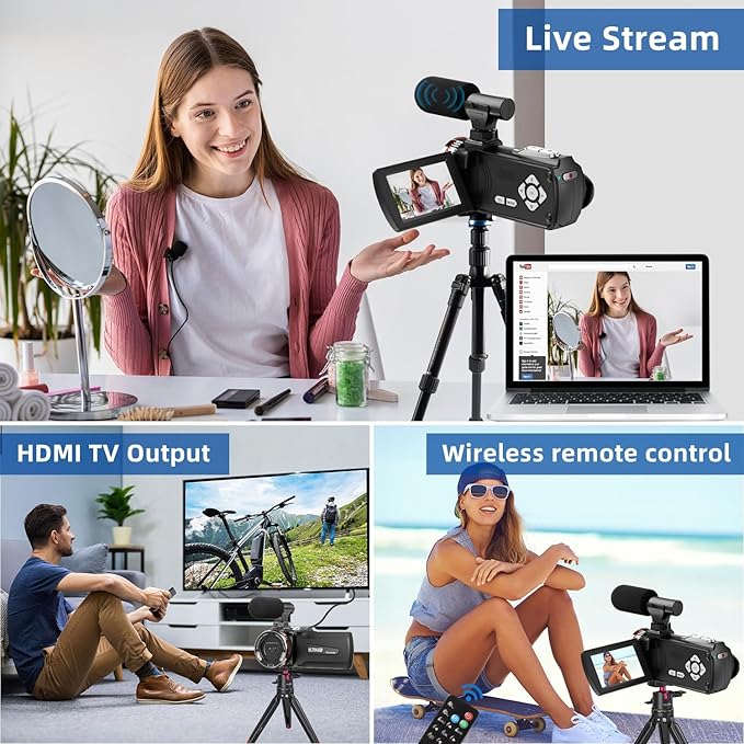 Video Camera, Camcorder 4K, 64MP 30FPS Dual Lens Camera with Wireless Mic for Vlogging YouTube, Ultra HD 3 Inch Screen 21X Digital Zoom, Video Recorder Camera with 64GB SD Card