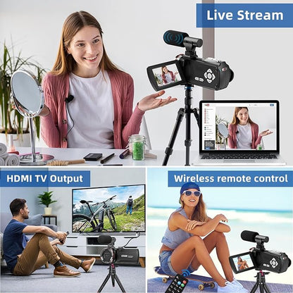 Video Camera, Camcorder 4K, 64MP 30FPS Dual Lens Camera with Wireless Mic for Vlogging YouTube, Ultra HD 3 Inch Screen 21X Digital Zoom, Video Recorder Camera with 64GB SD Card