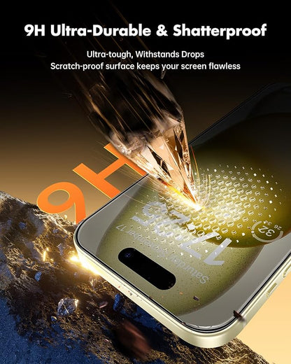 UNBREAKcable Privacy Screen Protector for iPhone 15 Plus, Anti-Spy Shatterproof Tempered Glass [True 28°Anti Spy] [9H Hardness] [Easy Installation Frame] Black Protector for iPhone 6.7" - 2 Pack