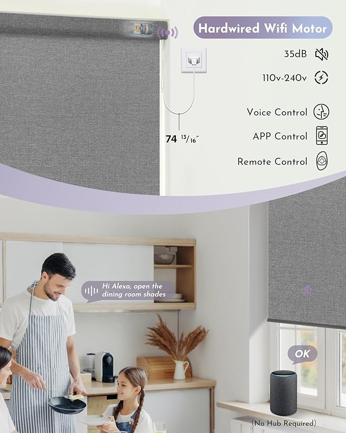 Graywind Motorized Roller Shade 100% Blackout Work with Alexa Google Textured Fabric Remote Control Hardwired Window Shades Window Blinds, Customized Size (Weaving Cloud)