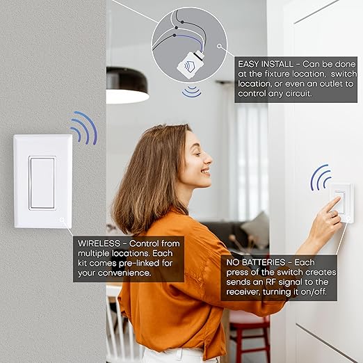 RunLessWire 3-Way Battery-Free DIY Wireless Light Switch Kit 150ft RF Range Self-Powered by Kinetic Energy for Hallways & Stairways: 2 Remote Switches Control 1 5A On/Off Receiver White