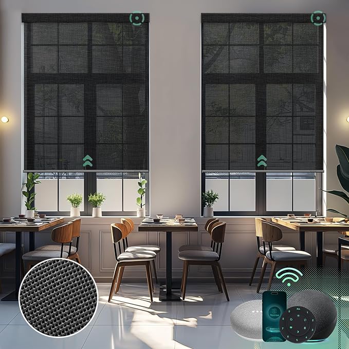 Yoolax Motorized Solar Shades Light Filtering Motorized Blinds with Remote Smart Blinds Compatible with Alexa, Google, Flame Retardant Roller Shades for Windows, Customized (14% Openness Steel Gray)