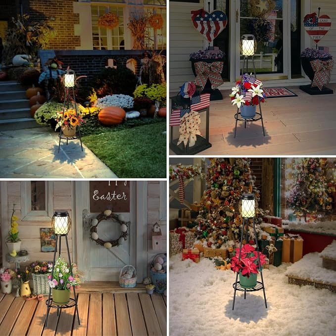 MXwcy 2-in-1 Solar Lights Outdoor with Plant Stand, Waterproof Vintage Solar Floor Lamp & Metal Planter Holder, Tall Geometric Lantern Tripod for Patio, Garden, Yard, Porch Decor (2 Pack)