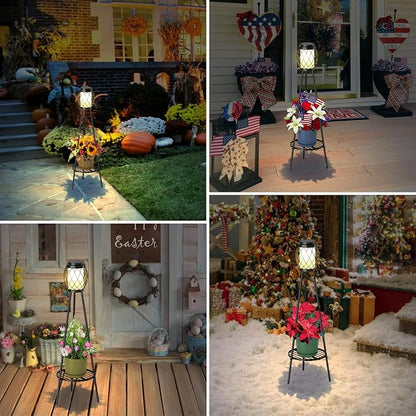 MXwcy 2-in-1 Solar Lights Outdoor with Plant Stand, Waterproof Vintage Solar Floor Lamp & Metal Planter Holder, Tall Geometric Lantern Tripod for Patio, Garden, Yard, Porch Decor (2 Pack)